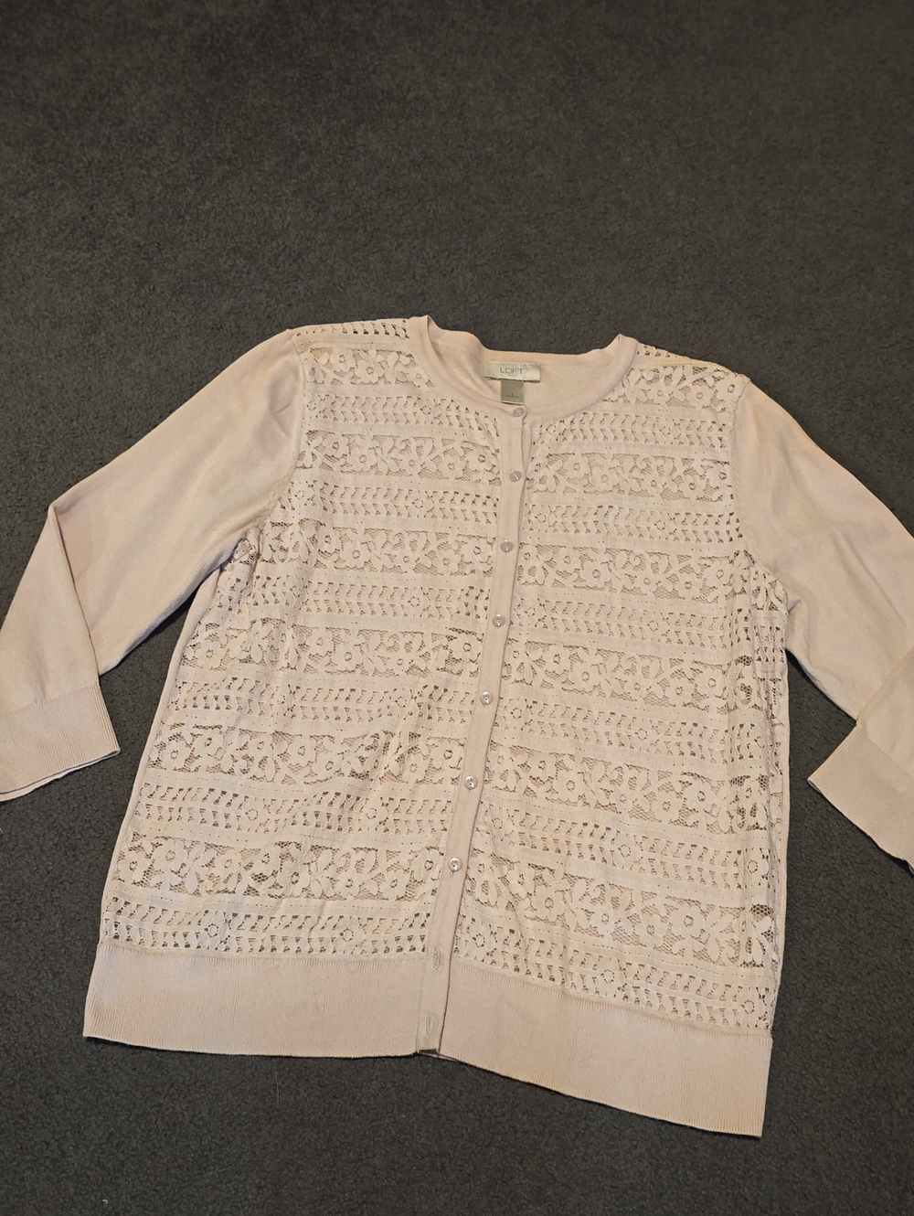 LOFT Pale Pink Lace-Front Button Cardigan